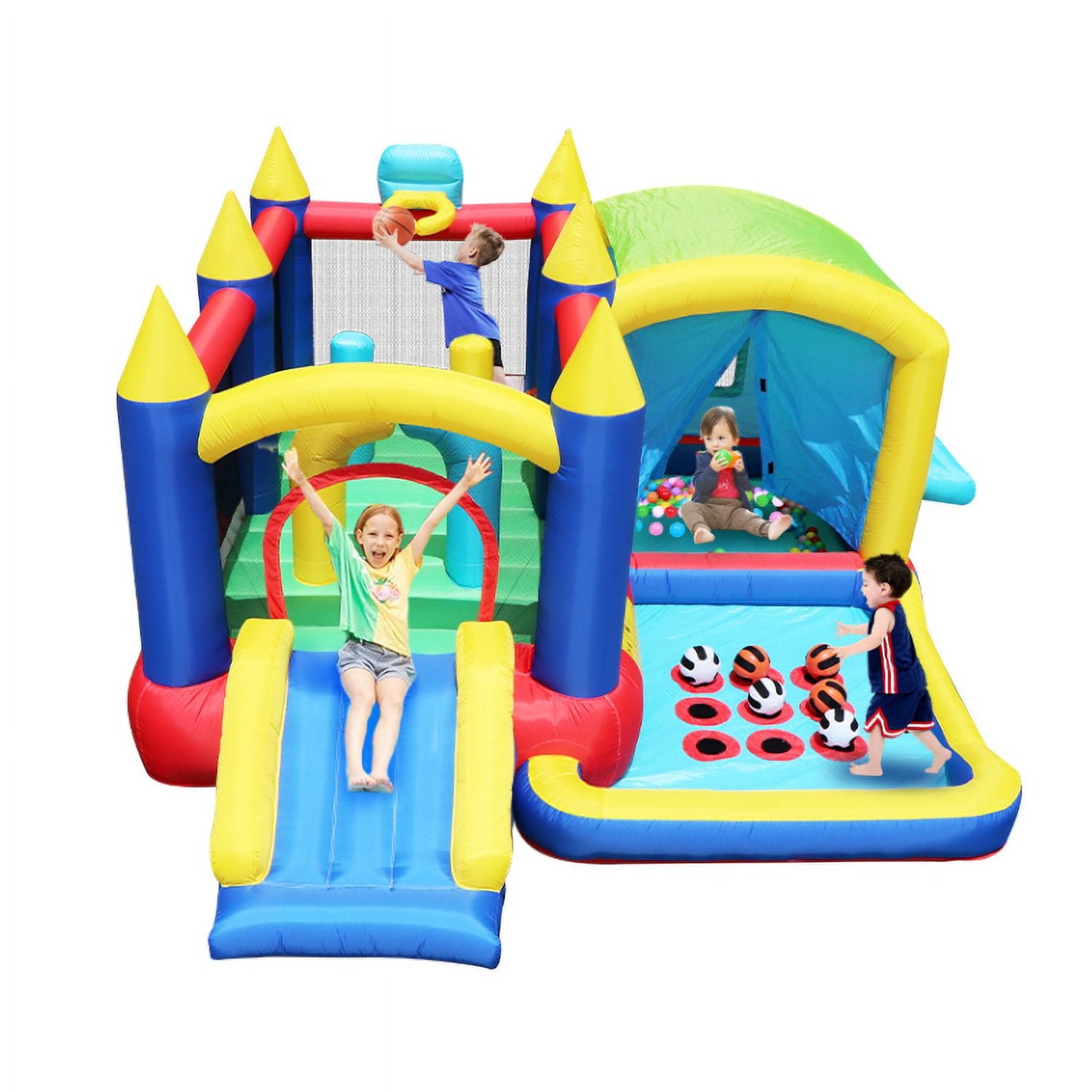 WHATOOK 7 in 1 Inflatable Bounce House, Bouncy House with Ball Pit for Kids Indoor Outdoor Party Family Fun, Obstacles, Toddler Jump Bouncy Castle with Ball Pit for Birthday Party Gifts