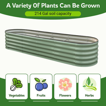 HOOFUN 17" Tall Metal Raised Garden Bed, 9 in 1 Garden Raised 8ftX2ft Garden Bed Kits for Vegetables Flowers, Oval Outdoor Planter Box w/ 6 Support Bars - Olive Green
