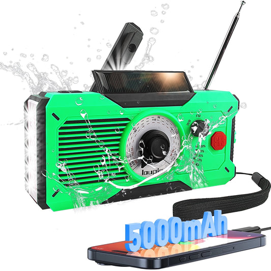 Emergency Radio, AM/FM/WB Weather Radio with 5000mAh Portable Power Bank, USB/Solar/Hand Crank Charging with Waterproof Flashlight & LED Reading Light SOS Alarm for Camping Hiking Hurricane Compass