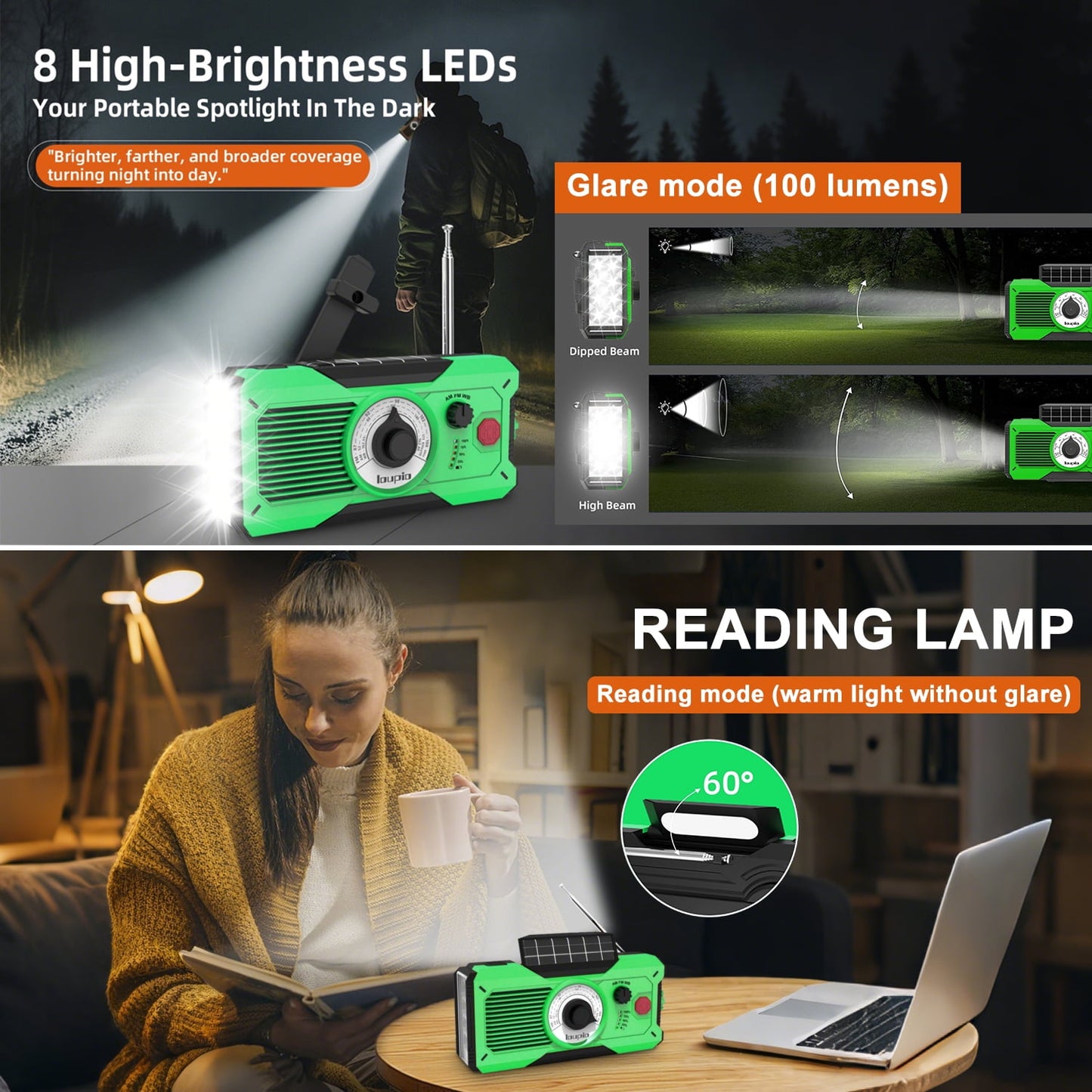 Emergency Radio, AM/FM/WB Weather Radio with 5000mAh Portable Power Bank, USB/Solar/Hand Crank Charging with Waterproof Flashlight & LED Reading Light SOS Alarm for Camping Hiking Hurricane Compass
