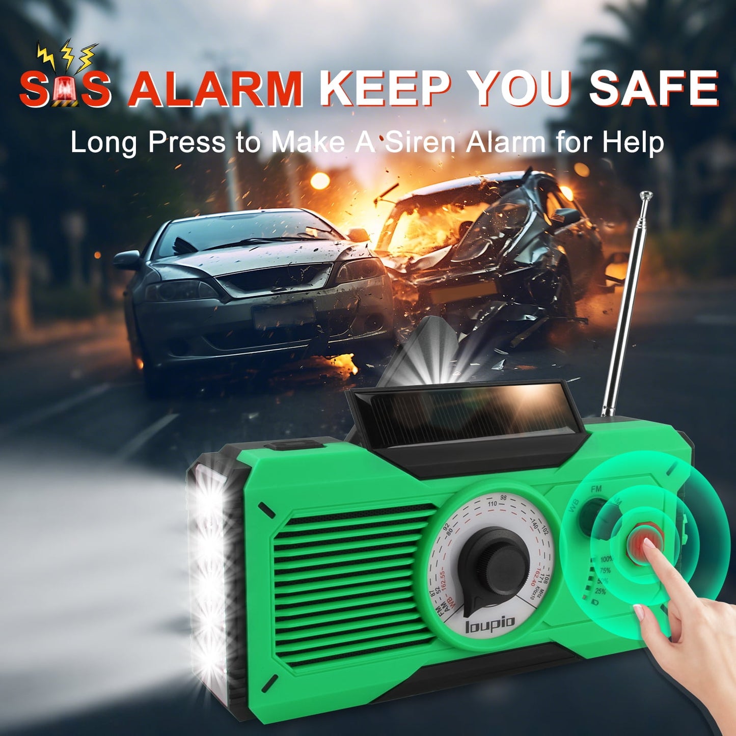 Emergency Radio, AM/FM/WB Weather Radio with 5000mAh Portable Power Bank, USB/Solar/Hand Crank Charging with Waterproof Flashlight & LED Reading Light SOS Alarm for Camping Hiking Hurricane Compass