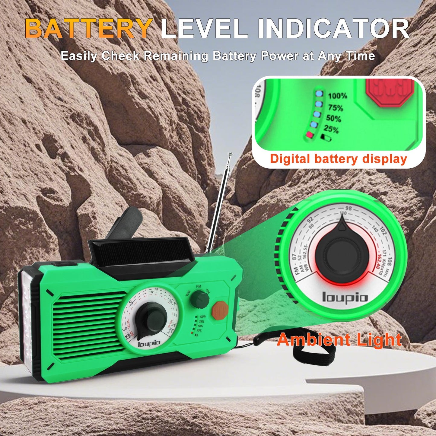 Emergency Radio, AM/FM/WB Weather Radio with 5000mAh Portable Power Bank, USB/Solar/Hand Crank Charging with Waterproof Flashlight & LED Reading Light SOS Alarm for Camping Hiking Hurricane Compass