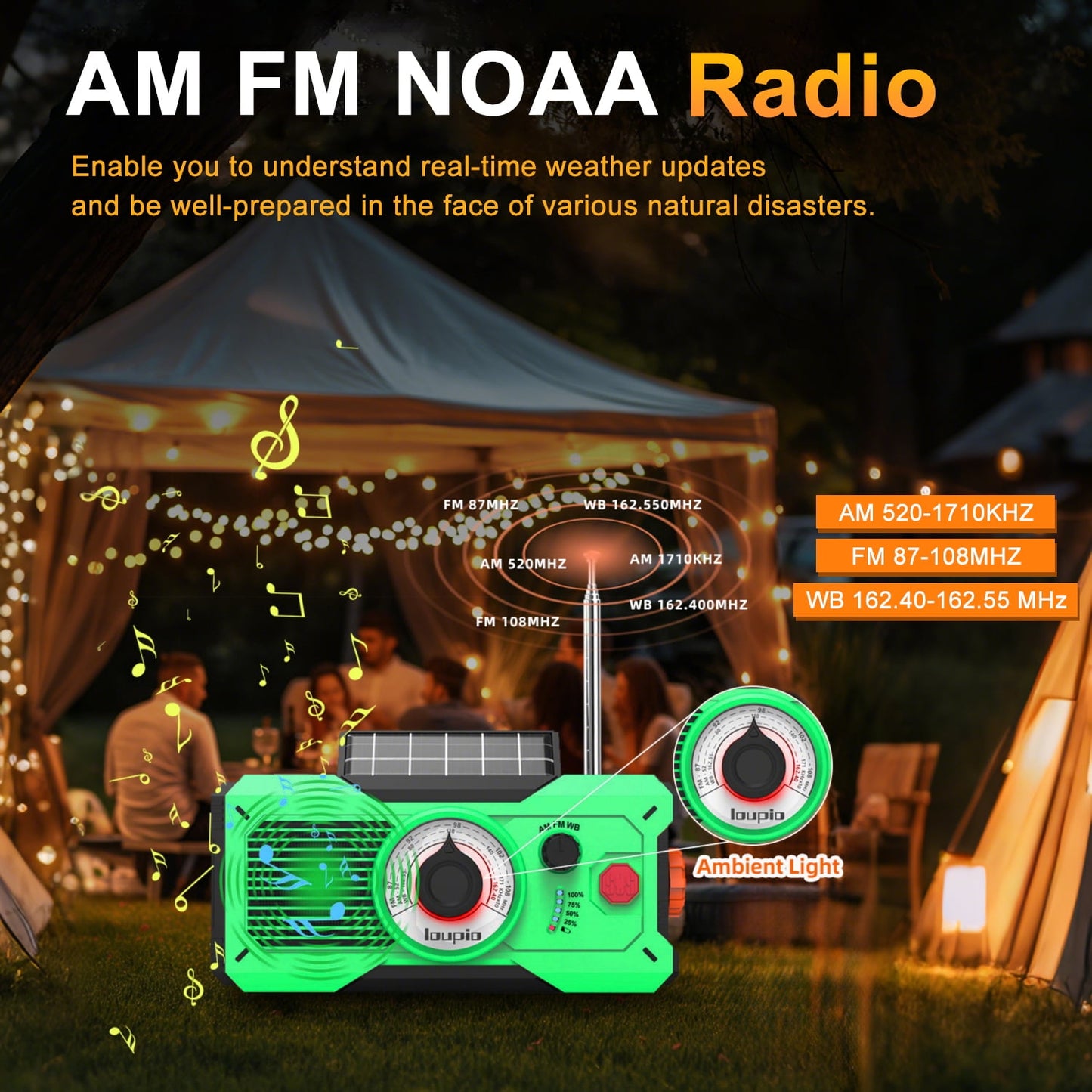 Emergency Radio, AM/FM/WB Weather Radio with 5000mAh Portable Power Bank, USB/Solar/Hand Crank Charging with Waterproof Flashlight & LED Reading Light SOS Alarm for Camping Hiking Hurricane Compass