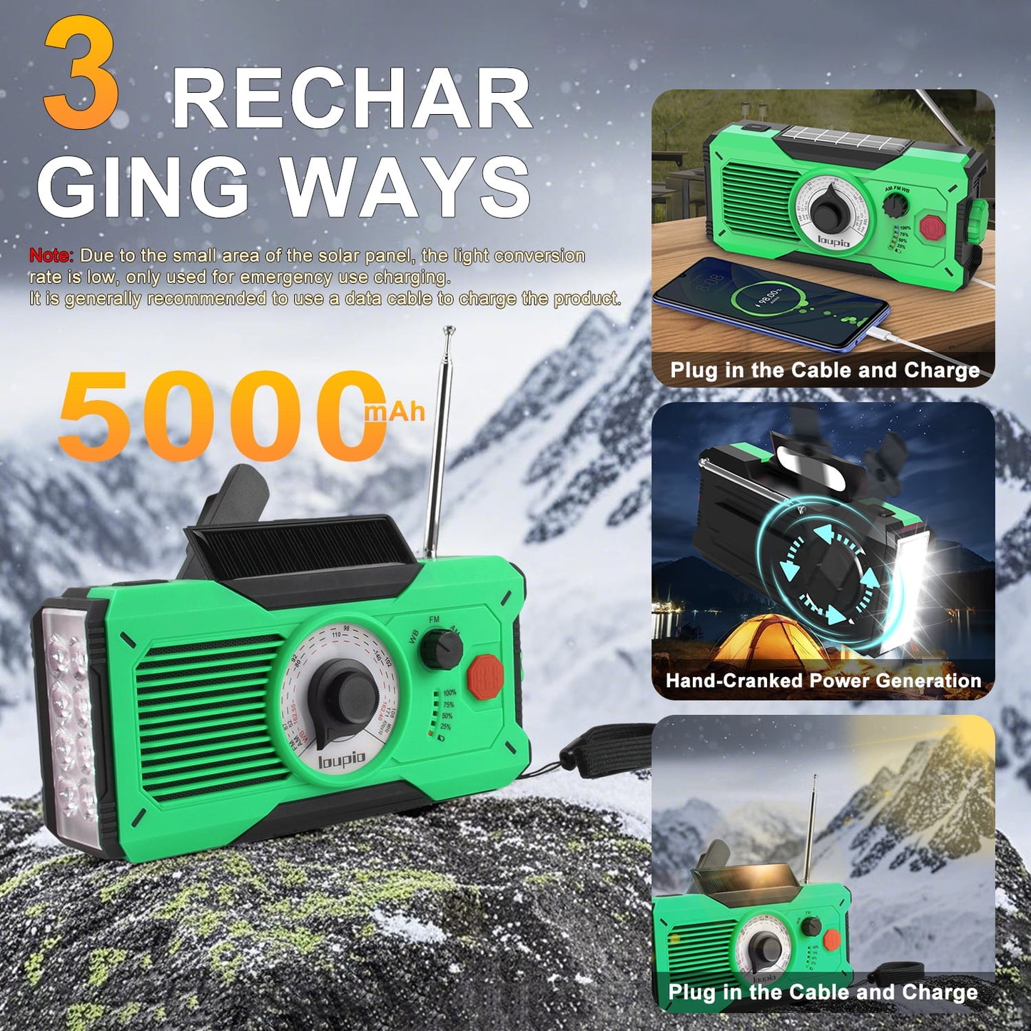 Emergency Radio, AM/FM/WB Weather Radio with 5000mAh Portable Power Bank, USB/Solar/Hand Crank Charging with Waterproof Flashlight & LED Reading Light SOS Alarm for Camping Hiking Hurricane Compass