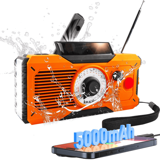 Emergency Radio, AM/FM/WB Weather Radio with 5000mAh Portable Power Bank, USB/Solar/Hand Crank Charging with Waterproof Flashlight & LED Reading Light SOS Alarm for Camping Hiking Hurricane Compass