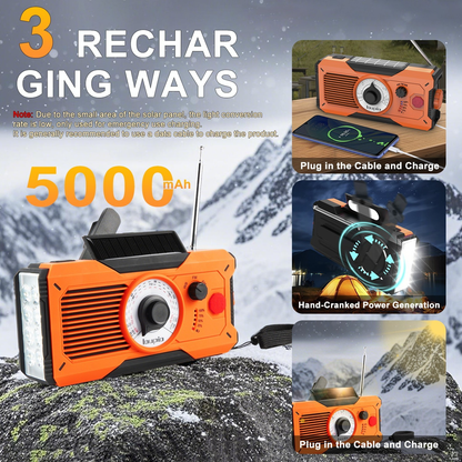 Emergency Radio, AM/FM/WB Weather Radio with 5000mAh Portable Power Bank, USB/Solar/Hand Crank Charging with Waterproof Flashlight & LED Reading Light SOS Alarm for Camping Hiking Hurricane Compass