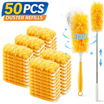 50 Pack Duster Refills with Extendable Handle, Disposable Microfiber Duster Refills, Heavy Duty Electrostatic Dust Cleaner for Furniture, Blinds, Ceiling Fan and Corners