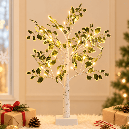 PUCACHI 2FT Birch Tree with LED Lights, Faux Tabletop Christmas Decor with 24 Warm White LEDs, Timer USB or Battery Powered, Bendable Branches for Indoor Tabletop Christmas Decor