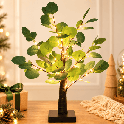 PUCACHI 2FT Lighted Faux Eucalyptus Tree, 35 Warm White LED Lights, Flexible Branches, 4H/6H/8H Timer, USB or Battery Powered for Tabletop Home Decor