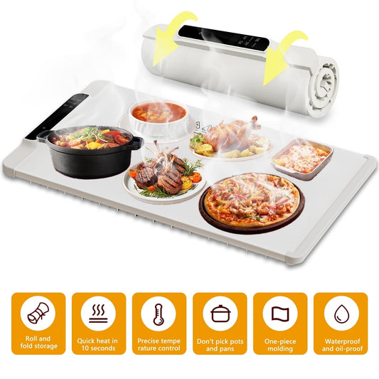 Food Warming Mat - Fast Heating Silicone Electric Warming Tray with 10 Level Temperature, Raised Feet Protects Table, Roll Up Buffet Hot Plates Heat Pad, Portable Food Warmer for Parties Home Travel