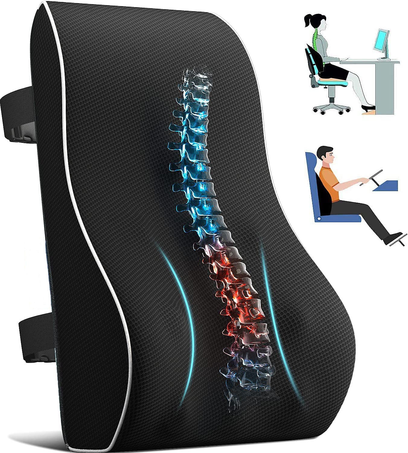 WHATOOK Office Chair Lumbar Support Pillow, Car, Computer, Gaming Chair, Recliner Back Support Pillow, Memory Foam Pad, Pain Relief, Mesh Cover, Double Adjustable Straps