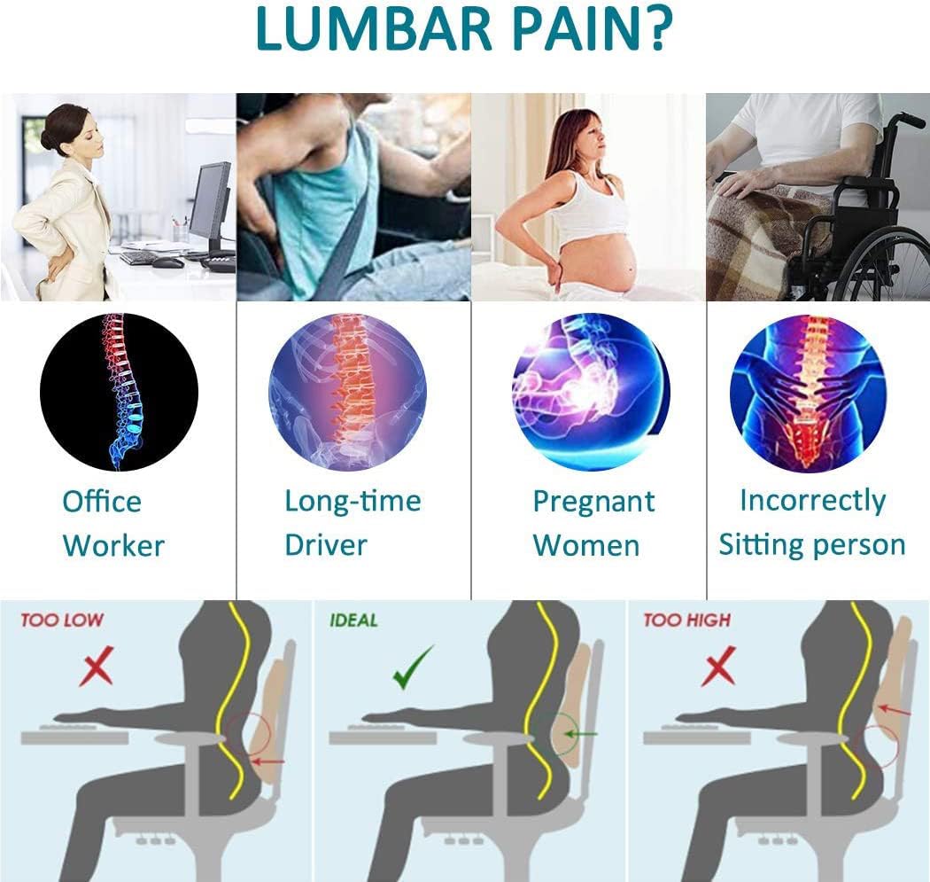 WHATOOK Office Chair Lumbar Support Pillow, Car, Computer, Gaming Chair, Recliner Back Support Pillow, Memory Foam Pad, Pain Relief, Mesh Cover, Double Adjustable Straps