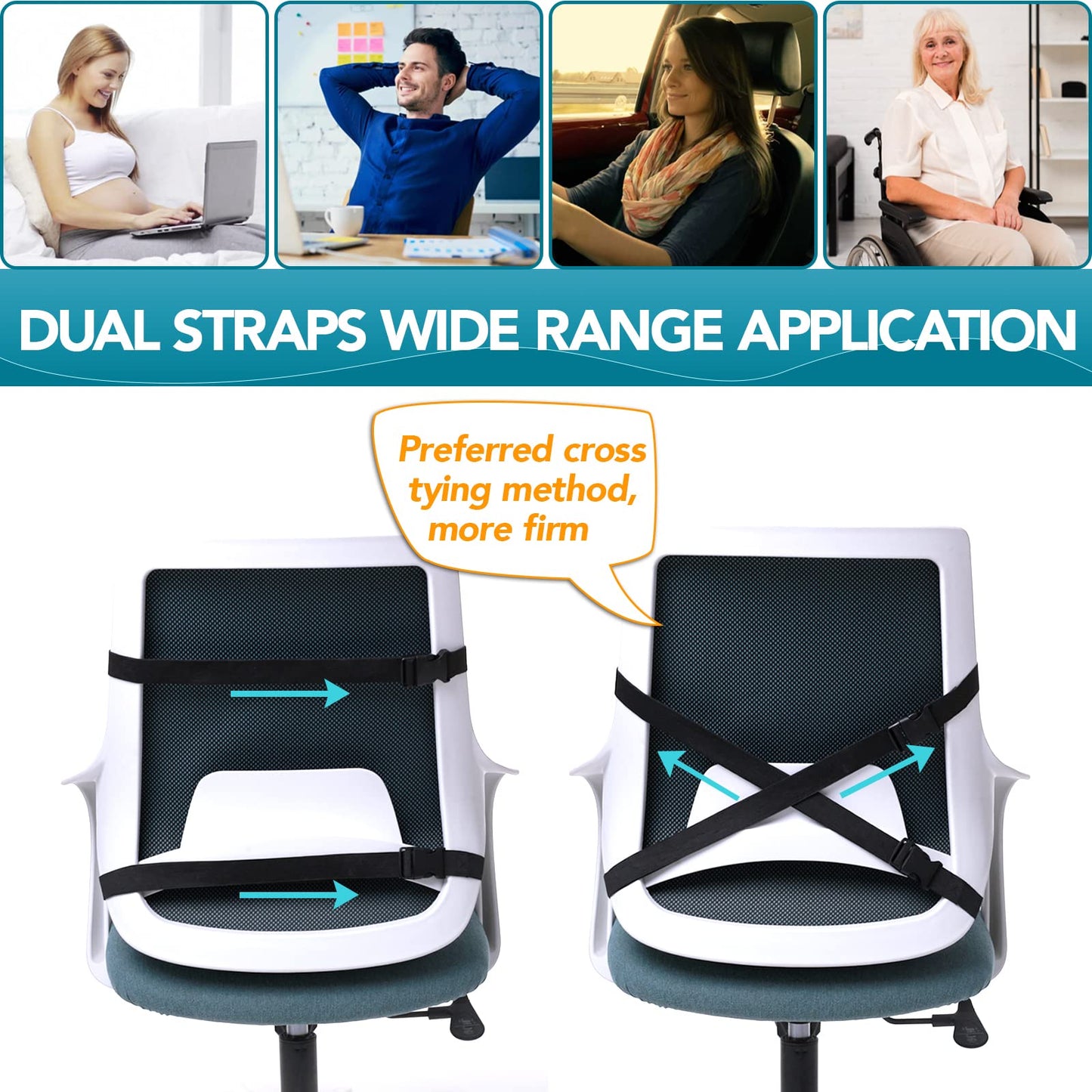 WHATOOK Office Chair Lumbar Support Pillow, Car, Computer, Gaming Chair, Recliner Back Support Pillow, Memory Foam Pad, Pain Relief, Mesh Cover, Double Adjustable Straps