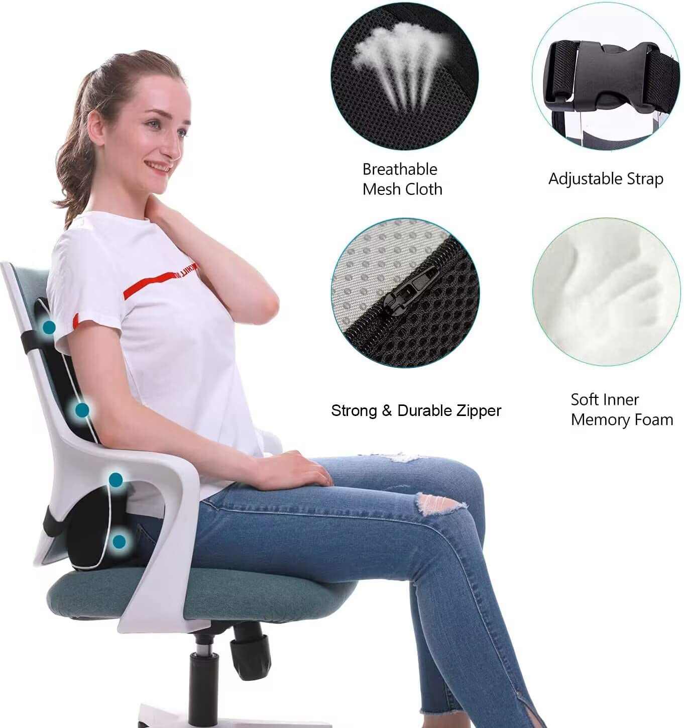 WHATOOK Office Chair Lumbar Support Pillow, Car, Computer, Gaming Chair, Recliner Back Support Pillow, Memory Foam Pad, Pain Relief, Mesh Cover, Double Adjustable Straps