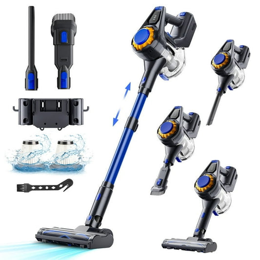 Cordless Vacuum Cleaner, 50mins Runtime, Powerful Stick Vacuum 6*2600mah Rechargeable Cordless Vacuum for Carpet, Tile, Pet Hair, Hardwood Floors, Blue