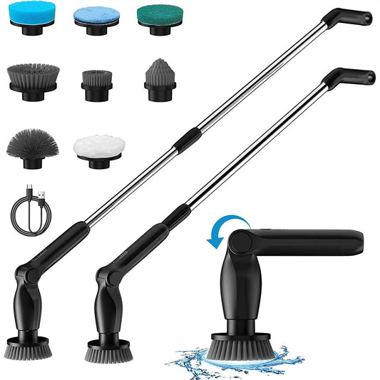 HOOFUN Electric Spin Scrubber, Cordless Bath Power Scrubber with Long Handle & 8 Replaceable Heads, Adjustable Extension Handle, Detachable as Short Handle, 2 Speeds & Remote Control