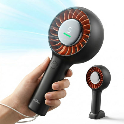 Handheld Fan, 3000mAh Rechargeable Personal Fan with LED Display, 5-Speed Turbo Wind, Portable Desk Fan with Base and Lanyard for Travel,Beach, Office
