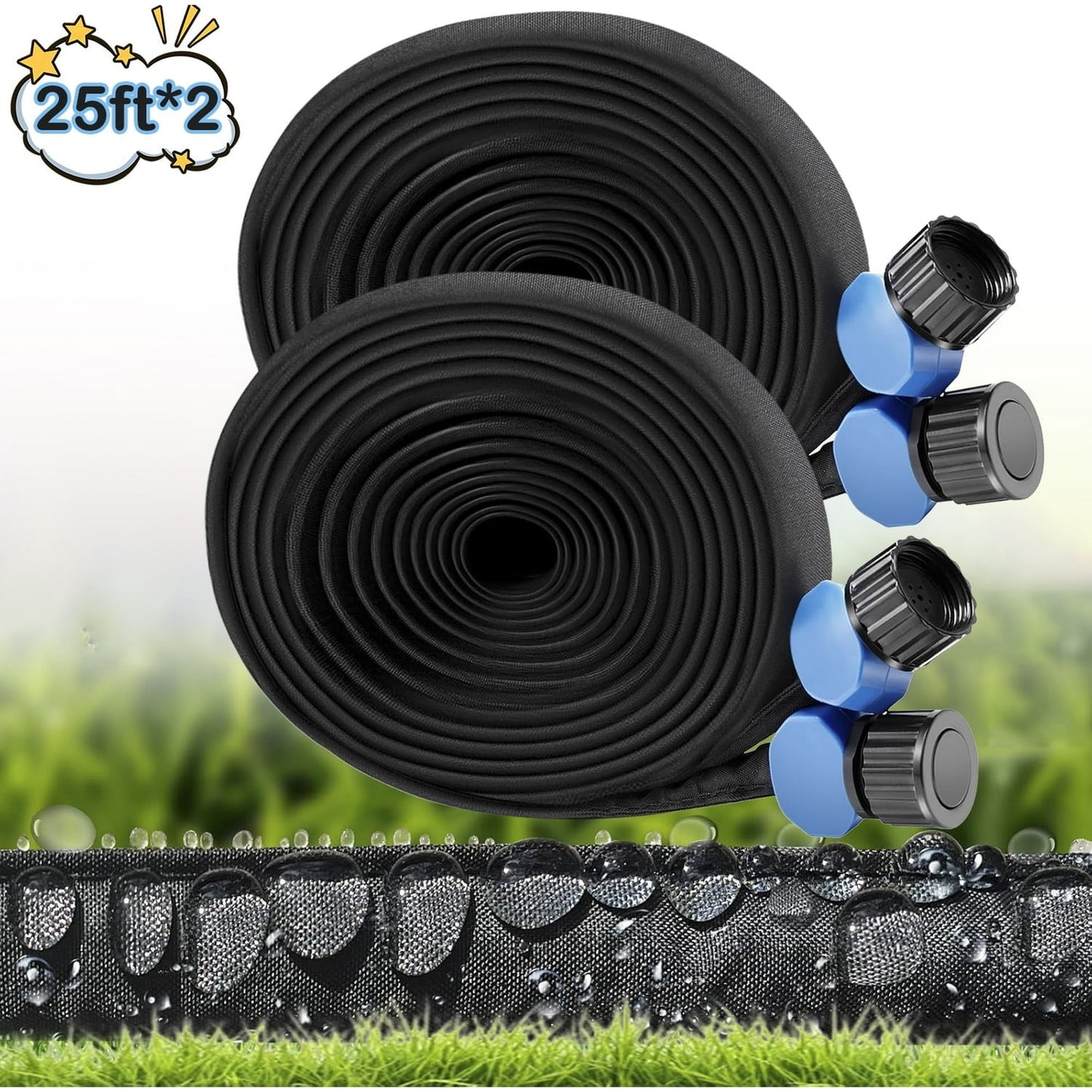Flat Soaker Hose 25ft 2 Pack for Garden Beds, 25ft 1/2" Linkable Consistent Drip Irrigation Hose Save 80% Water, Leakproof Heavy Duty Double Layer Sprinkler Hose Black