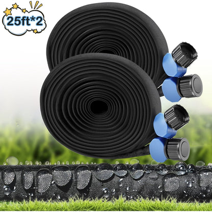 Flat Soaker Hose 25ft 2 Pack for Garden Beds, 25ft 1/2" Linkable Consistent Drip Irrigation Hose Save 80% Water, Leakproof Heavy Duty Double Layer Sprinkler Hose Black