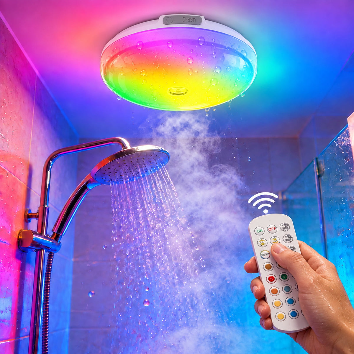 Henotian Rechargeable Shower Light, 10000mAh Wireless Ceiling Lamp, 300LM IP54 Water Resistant, 12 Rgb Colors, Remote and Touch Control, Magnetic Mount for Bathroom, Bedroom, Closet