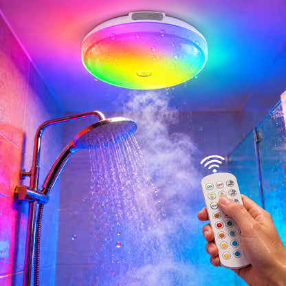Henotian Rechargeable Shower Light, 10000mAh Wireless Ceiling Lamp, 300LM IP54 Water Resistant, 12 Rgb Colors, Remote and Touch Control, Magnetic Mount for Bathroom, Bedroom, Closet