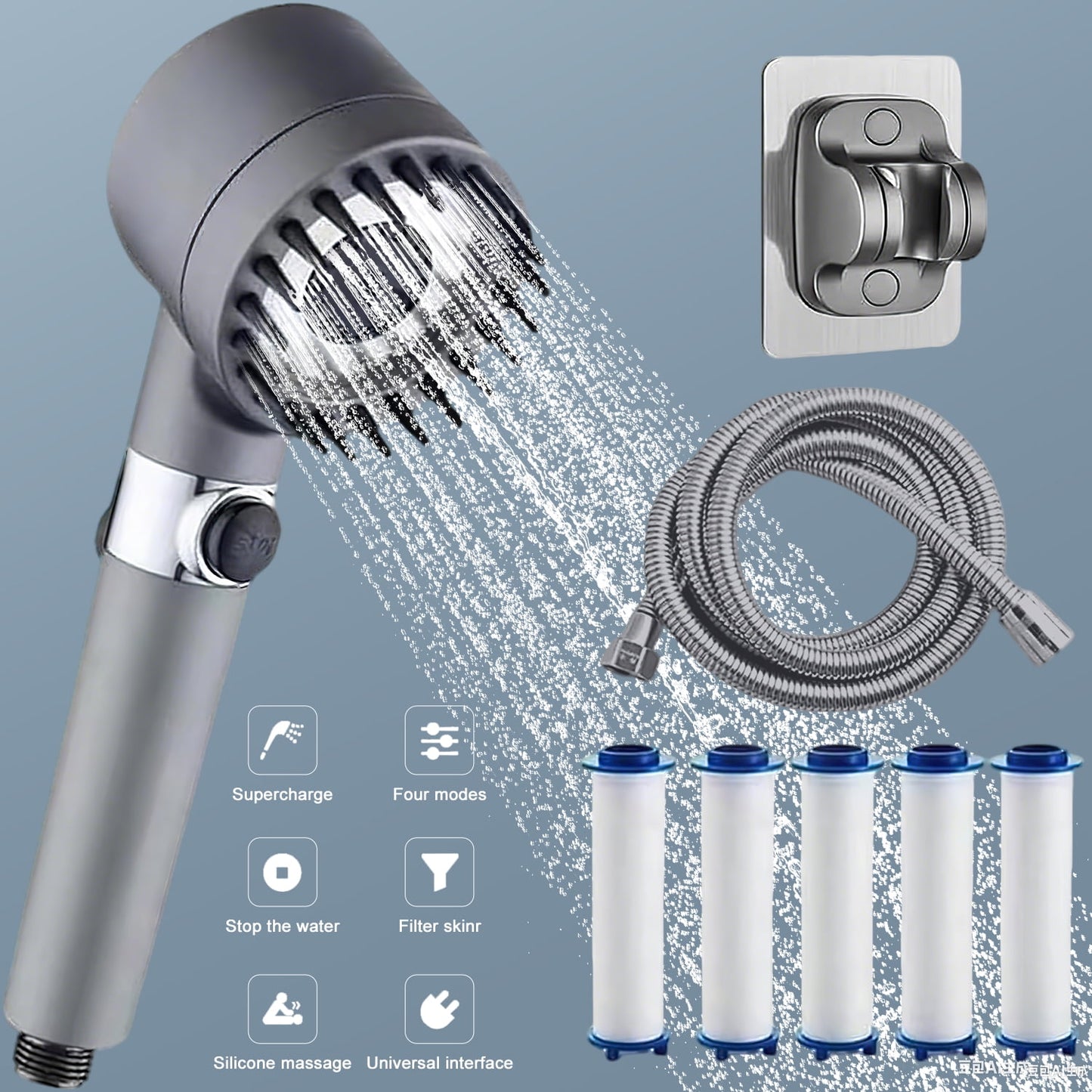 Filtered Shower Head with Handheld, High Pressure Ion Drops Shower Head with 4.9ft Hose, 4 Spray Modes Handheld Shower Head for Enhanced Water Ionization, with 5 Filters for Pets Bath