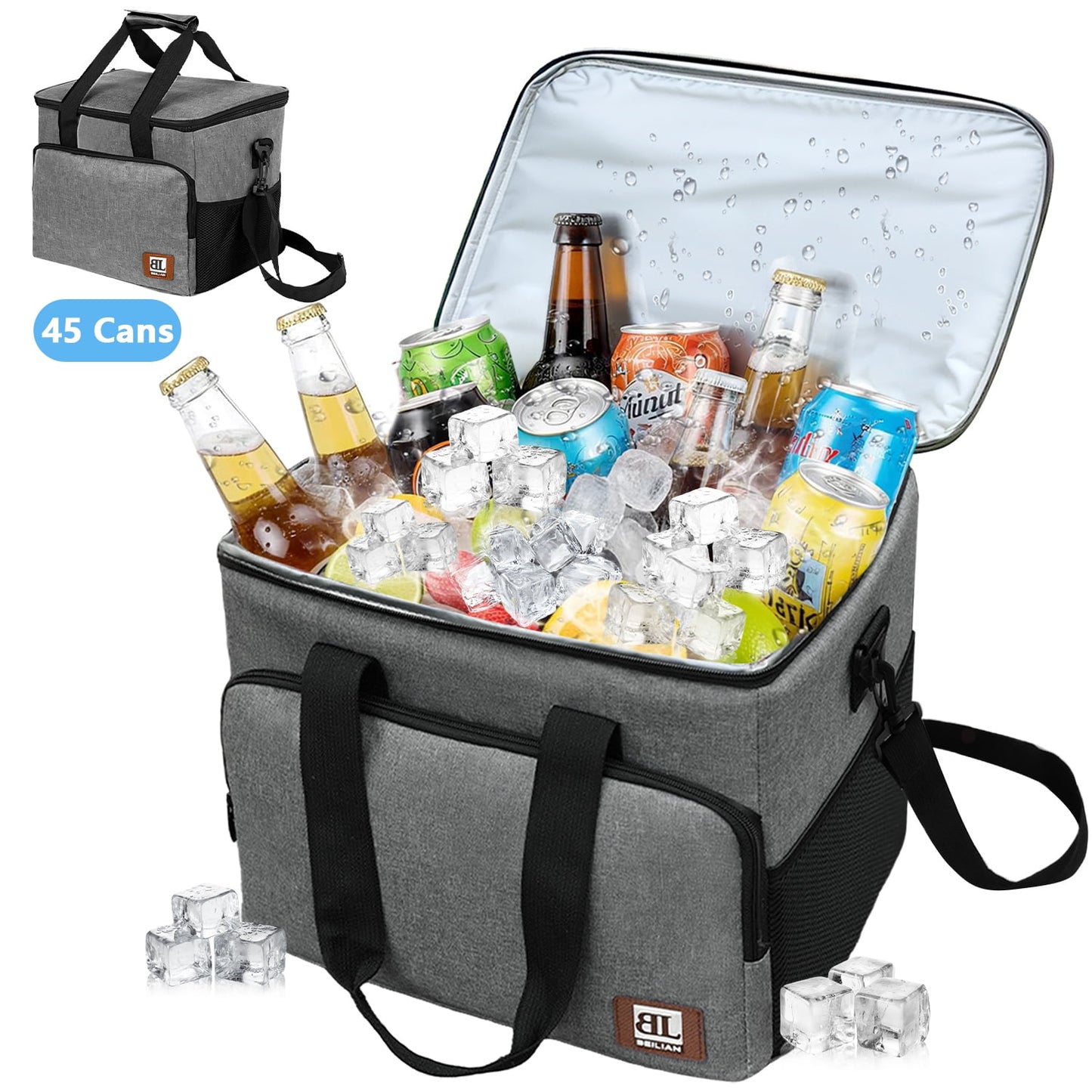 Merryhome 45‑Can Collapsible Soft Cooler Bag – 29 Qt Leak‑Proof Insulated Ice Chest for Camping, Beach, Road Trip, Picnic & Grocery Travel Bag (Gray)