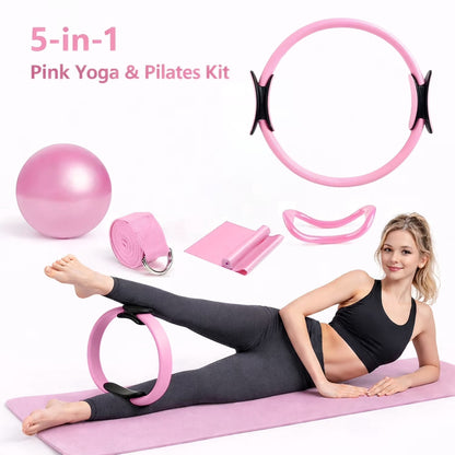 Merryhome 5‑in‑1 Pilates Ring Set – 15" Pilates Ring, 9.8" Mini Ball, 70" Stretch Strap, Resistance Band, NBR Material, Home Workout Kit for Women