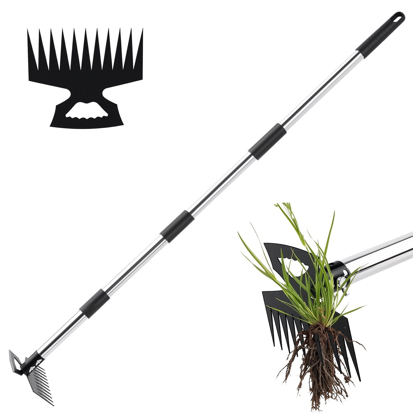Merryhome 60″ Long‑Handle Weed Puller Tool – 11‑Teeth Steel Head Garden Weeding Tool & Lawn Dandelion Remover for Yard, Patio, Outdoor Use
