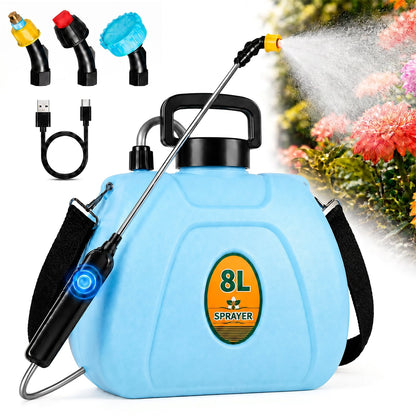 Merryhome Battery Powered Sprayer, 2.1 Gallon/8L Electric Sprayer with 3 Mist Nozzles, USB Rechargeable Handle, Retractable Wand & Adjustable Strap for Lawn, Garden, Yard and Weed Control