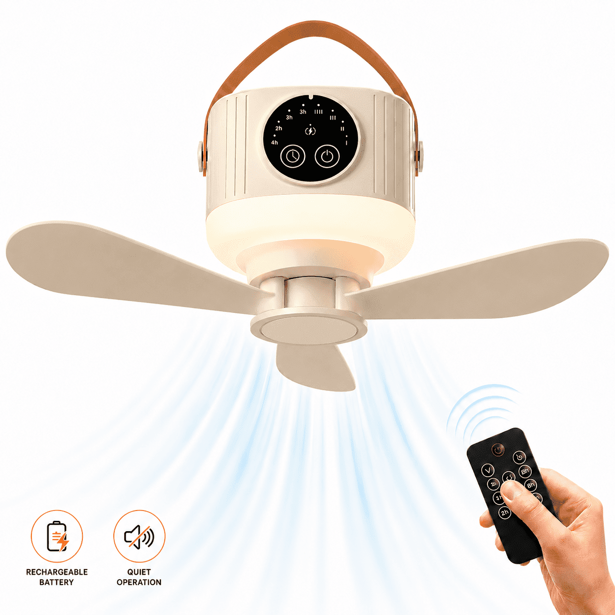 Camping Fan with Light, 7200mAh Rechargeable Fan with Remote, 4 Speed Timer LED Lantern for Camping Travel Emergency, Khaki