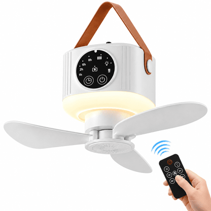 Merryhome 2 in 1 Portable Camping Fan with Light, 7200mAh Rechargeable Tent Fan with Remote, Digital Display, 4 Speeds, 4 Timer Settings, LED Lantern for Camping RV Travel, White