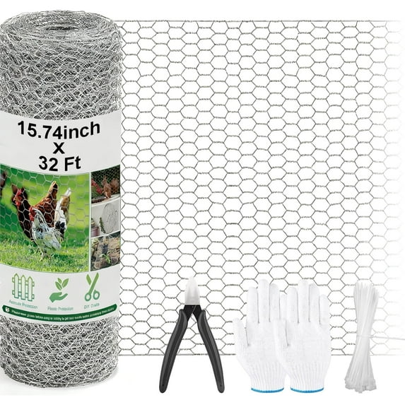 Merryhome Chicken Wire Fence Mesh, 15.7"x32ft Galvanized Hexagonal Netting – 0.6mm Wire for Garden, Poultry, Rabbits, Crafts, DIY, with Gloves, Pliers & Zip Ties