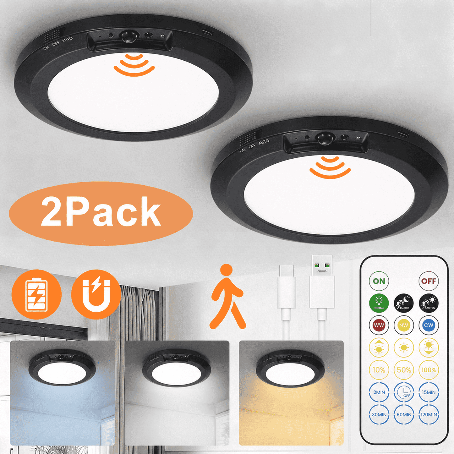 Merryhome Rechargeable Ceiling Light with Remote, 7 Inch Motion Sensor Ceiling Light, Wireless Indoor Light for Closet, Hallway, Stairway, Bathroom,2 Pack