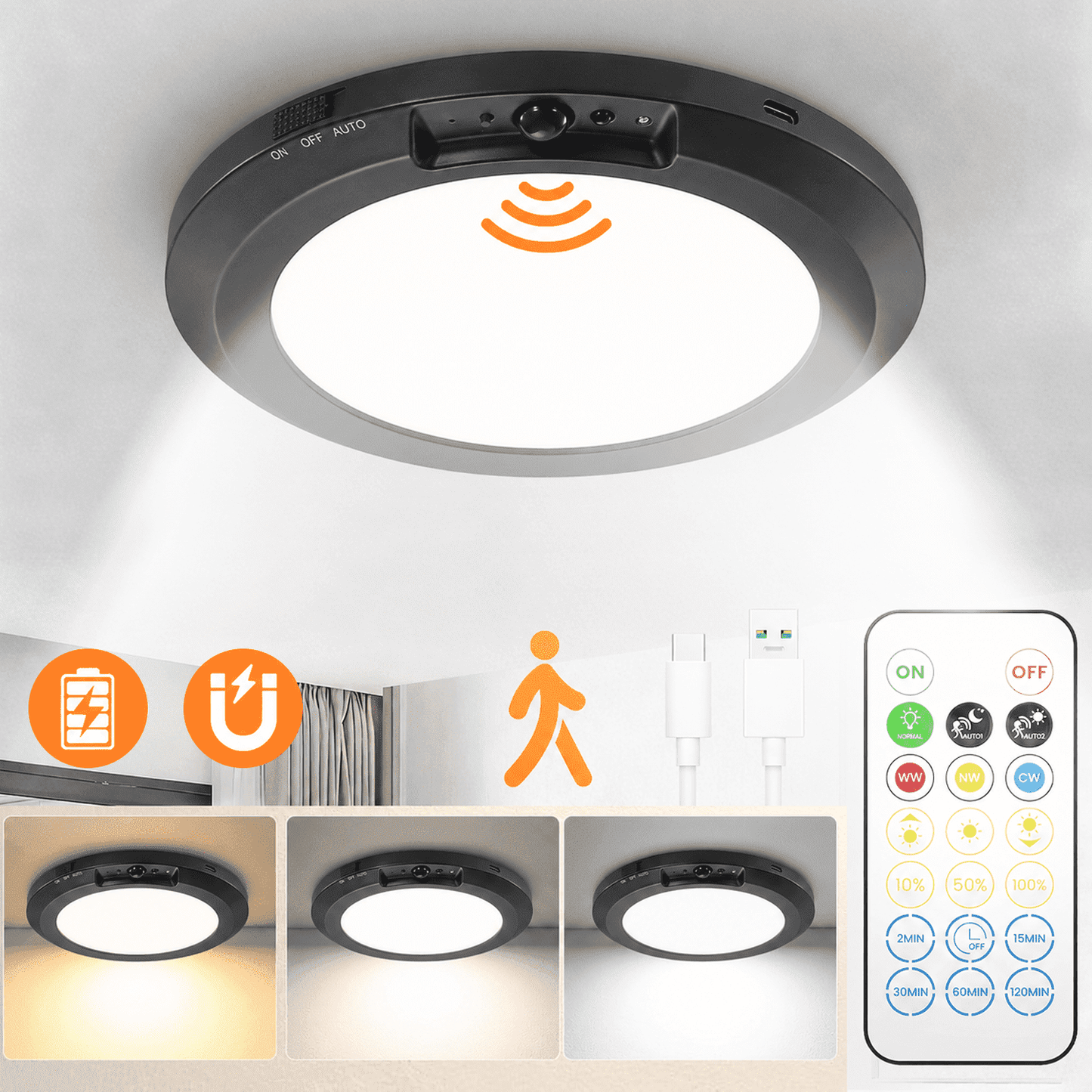 Merryhome Rechargeable Ceiling Light with Remote, 7 Inch Motion Sensor Ceiling Light, Wireless Indoor Light for Closet, Hallway, Stairway, Bathroom