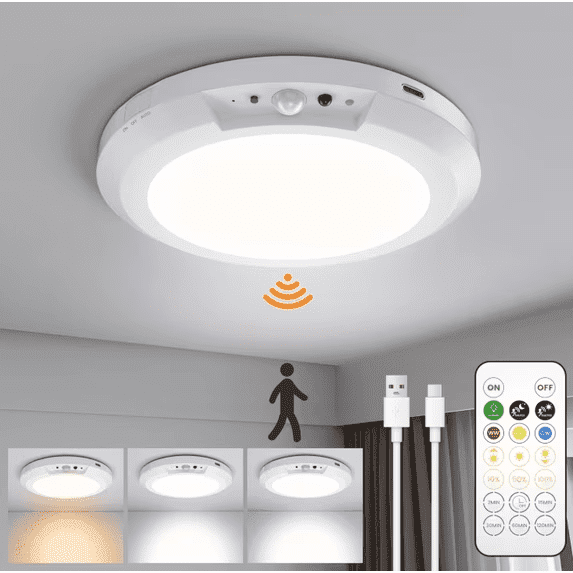 Merryhome Rechargeable Magnetic Ceiling Light –7″Wireless LED Motion‑Sensor Kit with Remote, Timer & Dimmable Battery Operated No Wiring for Closet, Hallway, Shower & Pantry