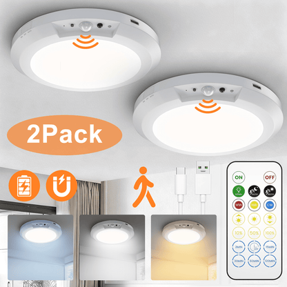 Merryhome Rechargeable Magnetic Ceiling Light –7″Wireless LED Motion‑Sensor Kit with Remote, Timer & Dimmable Battery Operated No Wiring for Closet, Hallway, Shower & Pantry,2 Pack