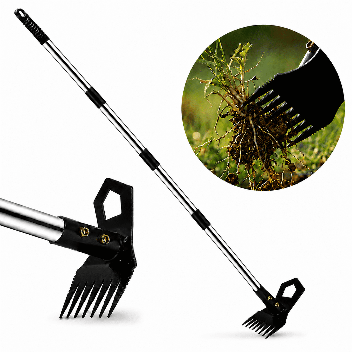 Merryhome 60 Inch Long Handle Stand Up Weed Puller Tool, 2-in-1 8-Tine Weed Rake & Hoe, Heavy Duty Stainless Steel Weeding Tool for Lawn Garden Yard – No Bending, No Kneeling