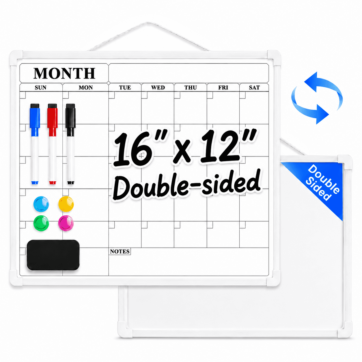 PUCACHI Monthly Calendar Whiteboard, 16 x 12 in Magnetic Dry Erase Calendar Board with Double-Sided Design, Markers and Magnets for Wall Home Office Kitchen School