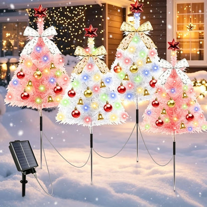 PUCACHI 31.5" Solar Path Christmas Trees 4-pack Artificial Mini Christmas Tree with Lights for Porch, Driveway, Patio Outdoor Christmas Decoration