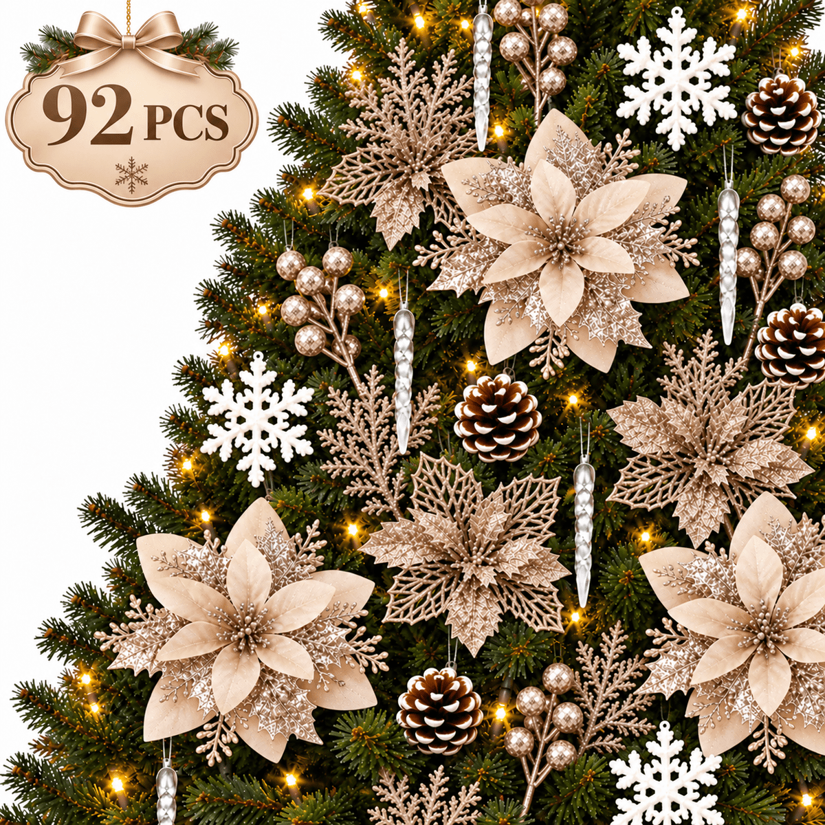 PUCACHI 92Pcs Christmas Tree Decorations Set with Poinsettia Christmas Flowers, Glitter Berry Stems, Snowflakes, Pine Cones and Icicle Drop Crystal Ornaments, Champagne