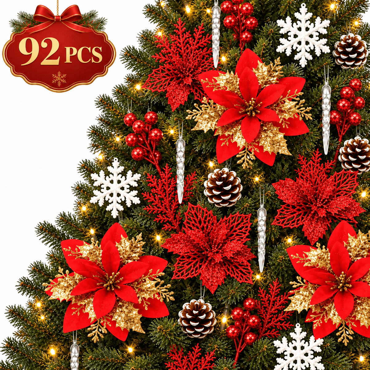 PUCACHI 92Pcs Christmas Tree Decorations Set with Poinsettia Christmas Flowers, Glitter Berry Stems, Snowflakes, Pine Cones and Icicle Drop Crystal Ornaments, Red