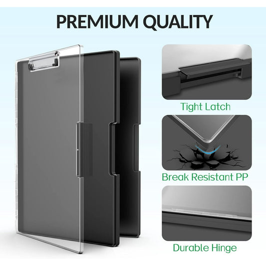 PUCACHI Clipboard with 2 Storage, 8.5x11 Heavy Duty Clip Boards , A4 Paper Folder, Side Opening Plastic Nursing Clip Case,Office Supplies -Black