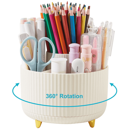 Pen Holder with 5 Slots,Makeup Brush Holder Organizer,360 Degree Rotating Pencil Holder for Desk Organizer,Office Supplies,Home（Beige）