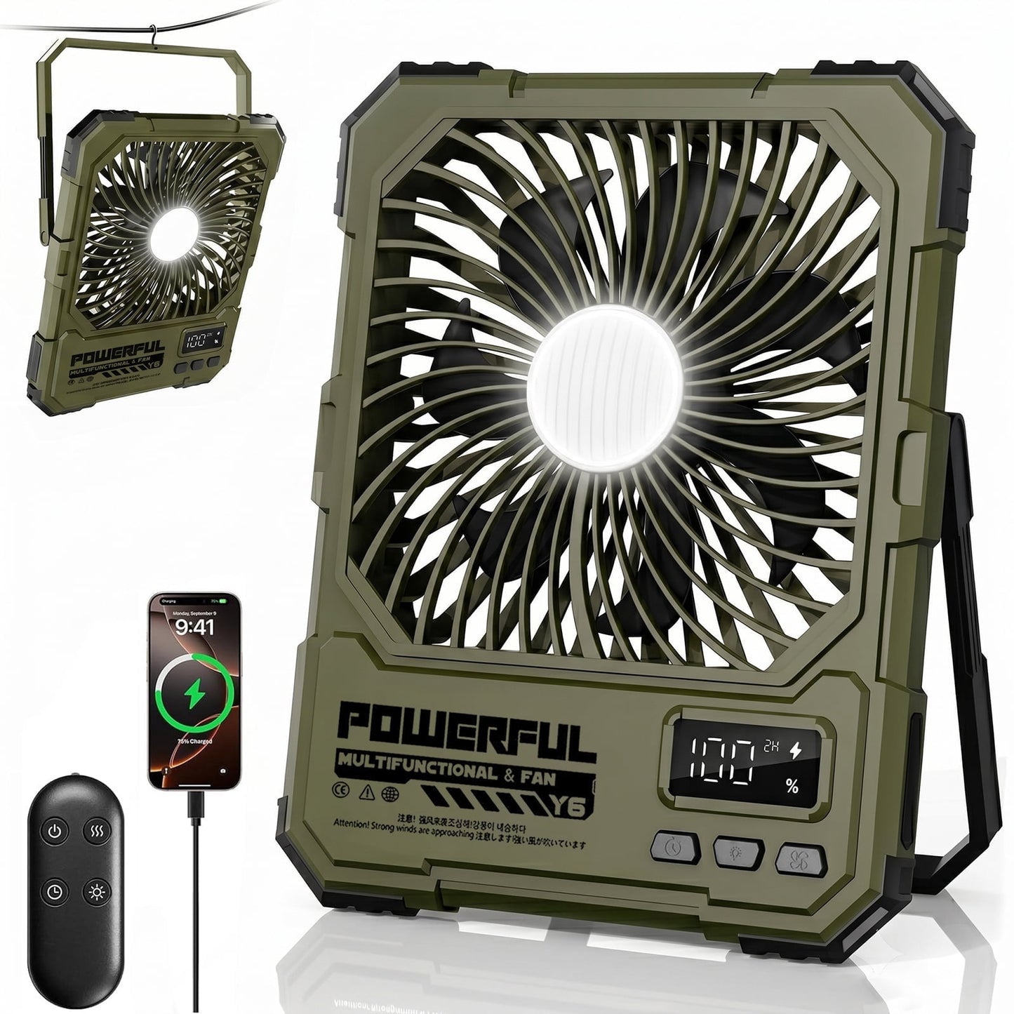Portable Fan, Camping Fan, 20000mAh 18-85H Rechargeable Ultra Thin Foldable with Built-in Power Bank, Hook for Outdoor Camping Tent RV Travel (Green)