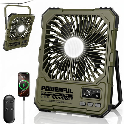 Portable Fan, Camping Fan, 20000mAh 18-85H Rechargeable Ultra Thin Foldable with Built-in Power Bank, Hook for Outdoor Camping Tent RV Travel (Green)