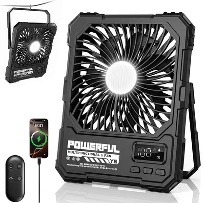 Portable Fan, Camping Fan, 20000mAh 18-85H Rechargeable Ultra Thin Foldable with Built-in Power Bank, Hook for Outdoor Camping Tent RV Travel (Black)