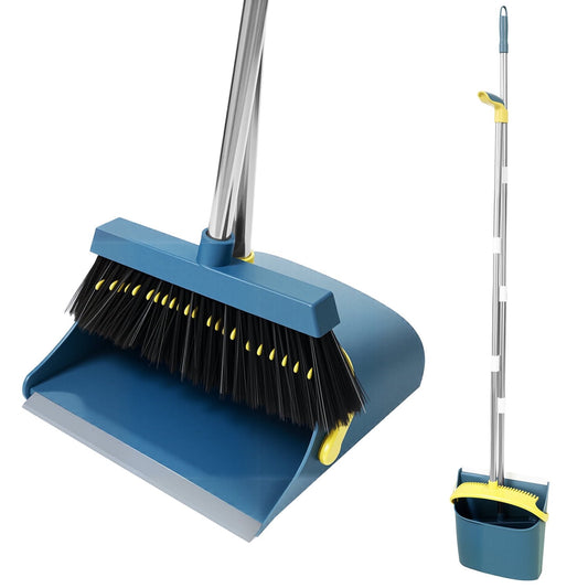 Broom and Dustpan Set, Adjustable Handle, Self-Cleaning Teeth, Space-Saving for Home, Kitchen, Office (Blue)