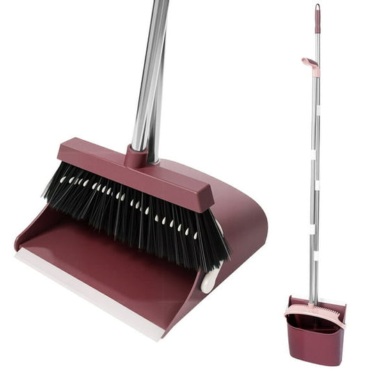Broom and Dustpan Set with Self-Cleaning Teeth, Adjustable 51.2-inch Handle, Upright Dustpan, Durable Bristles – Purple Cleaning Kit for Home, Kitchen, Office & Pet Hair