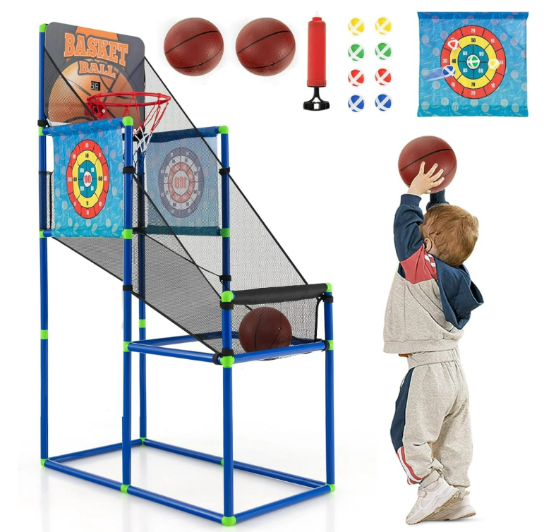 Kids Basketball Arcade Game, 2 in 1 Indoor Outdoor Basketball Game Set w/Electronic Scoreboard & Sound Effect & 8 Sticky Balls, 2 Basketballs, Toy Gift for Toddlers Children Boys Girls Ages 3+